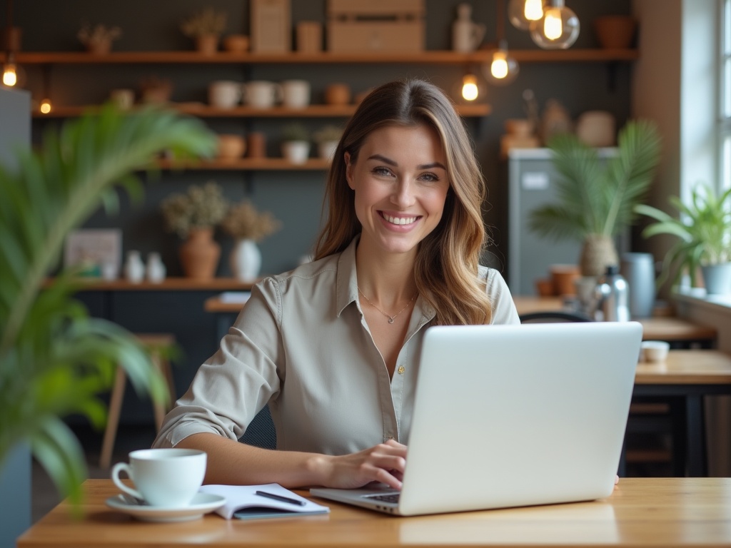 Eine Unternehmerin lächelt, während sie auf ihrem Laptop die Nachrichten liest, die über ihre Website hereinkommen.